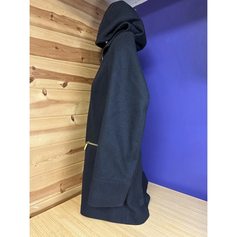 Michael Kors Black Hooded Wool Blend Coat Gold Zip Womens Approx‎ XL